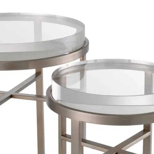 Luxury Brushed Steel Round Nesting Side Table with Glass Top by Luxury Group International