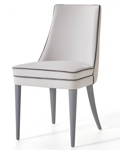 Luxus weißer gepolsterter Esszimmerstuhl mit grauen spitz zulaufenden Beinen von Luxury Group International