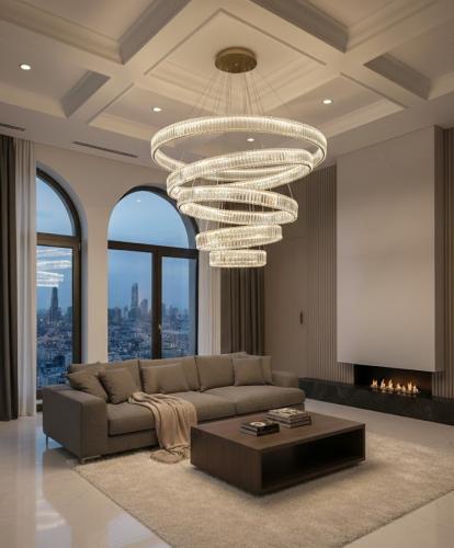 Luxury Art Deco LED Crystal Chandelier with 5 Ring Lights by Luxury Group International