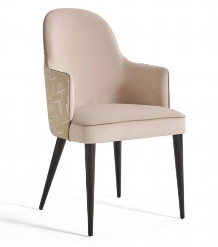 Luxury Beige Upholstered Dining Armchair with Artistic Back Design and Dark Wooden Legs by Luxury Group International
