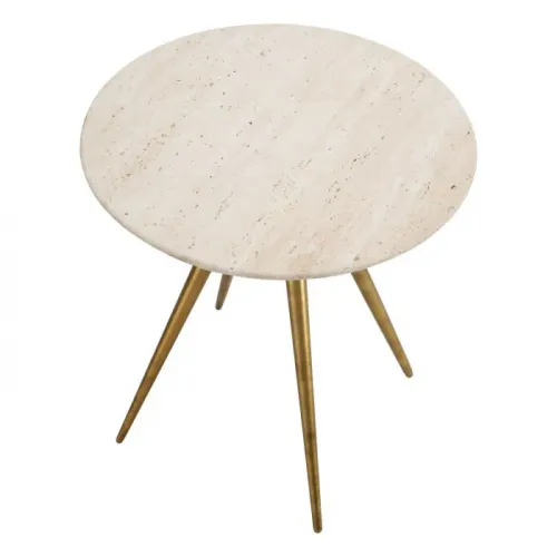 Luxury Round Side Table with Vintage Brass Finish Legs and Travertine Top by Luxury Group International