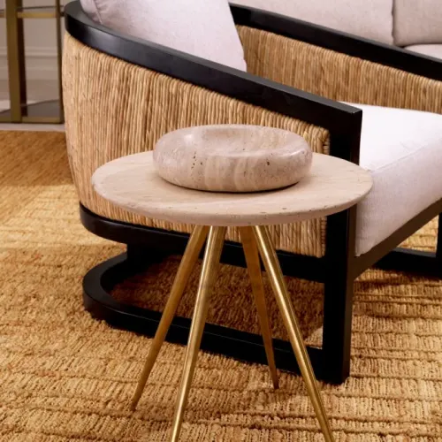 Luxury Round Side Table with Vintage Brass Finish Legs and Travertine Top by Luxury Group International