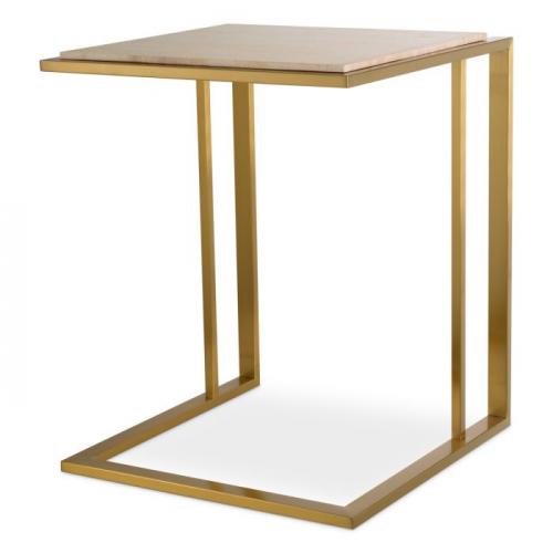 Luxury Beige Rectangular Side Table with Brushed Brass Finish & Travertine Top by Luxury Group International