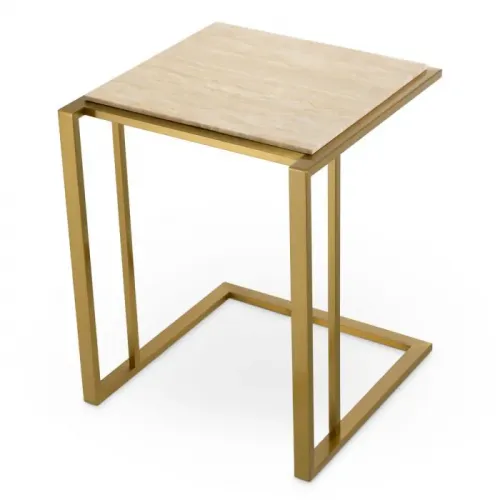 Luxury Beige Rectangular Side Table with Brushed Brass Finish & Travertine Top by Luxury Group International
