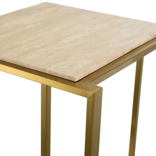 Luxury Beige Rectangular Side Table with Brushed Brass Finish & Travertine Top by Luxury Group International