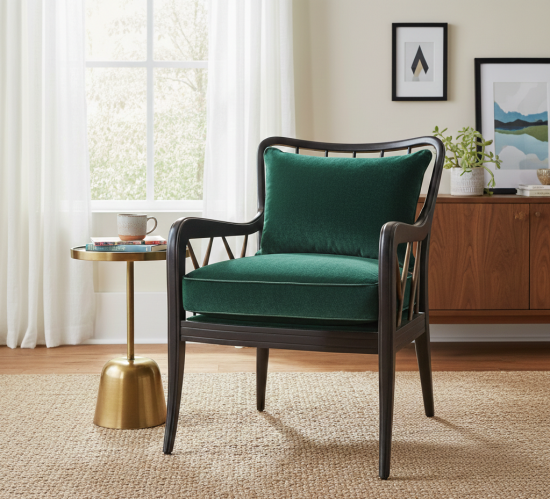 Sillón de comedor tapizado de lujo con elegante estructura negra y cojín de terciopelo verde por Luxury Group International