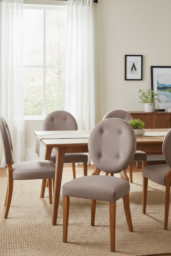 Lujosa Silla de Comedor Tapizada en Terciopelo Beige con Respaldo Tapizado con Botones y Elegantes Patas de Madera por Luxury Group International