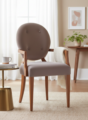 Lujoso Sillón de Comedor Tapizado en Terciopelo Beige con Respaldo Tapizado con Botones y Elegantes Patas de Madera por Luxury Group International