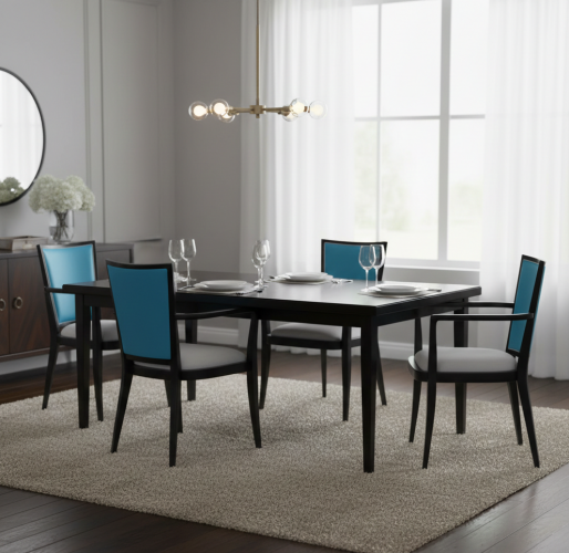 Sillón de comedor tapizado de lujo con respaldo de seda turquesa y estructura de madera negra pulida por Luxury Group International