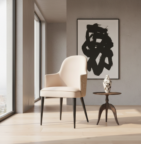 Lujoso Sillón de Comedor Tapizado Beige con Respaldo de Diseño Artístico y Patas de Madera Oscura por Luxury Group International