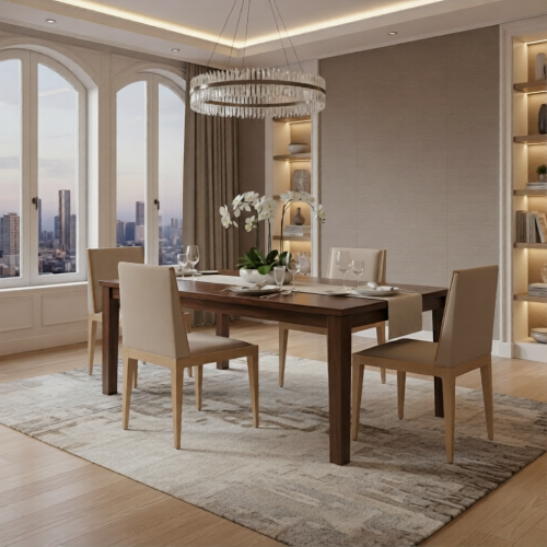 Luxus gepolsterter Esszimmerstuhl in Beige mit eleganten Holzdetails von Luxury Group International