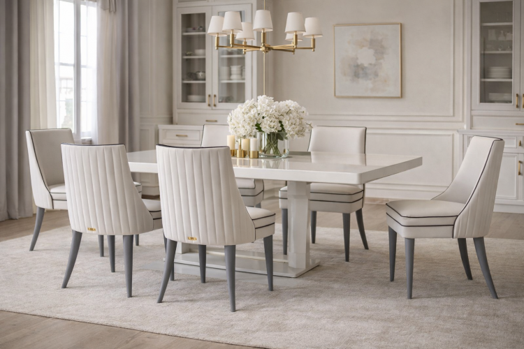Luxus weißer gepolsterter Esszimmerstuhl mit grauen spitz zulaufenden Beinen von Luxury Group International