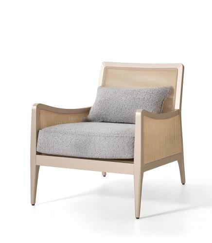 Luxury Upholstered Lounge Armchair in Champagne Color Frame with Textured Cane Panels and Gray Cushion by Luxury Group
