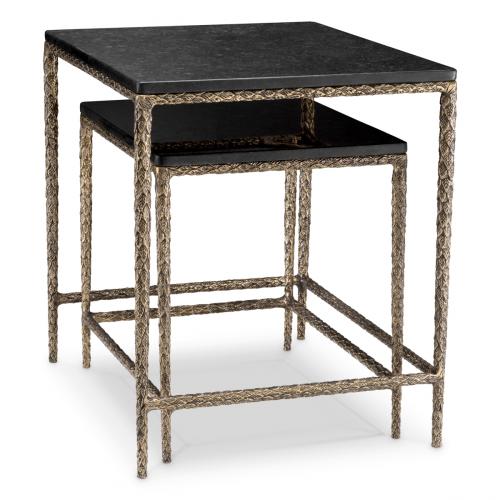 Luxury Vintage Brass Finish Black Top Rectangular Nesting Side Table Set of 2 by Luxury Group International