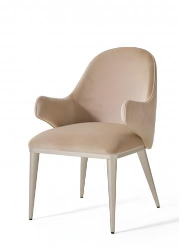 Luxury Champagne Beige Upholstered Dining Armchair with Curved Silhouette and Sleek Tapered Legs by Luxury Group