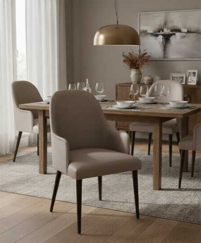 Luxury Champagne Beige Upholstered Dining Armchair with Dark Walnut Tapered Legs by Luxury Group International