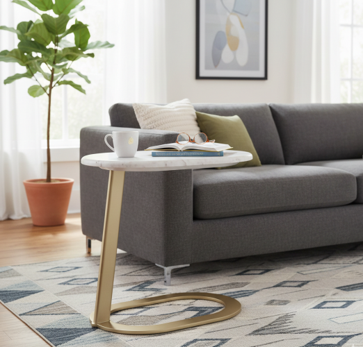 Luxury Oval Marble Top Brass C shaped sofa Side Table black/white by Luxury Group International
