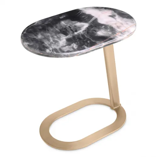 Luxury Oval Marble Top Brass C shaped sofa Side Table black/white by Luxury Group International