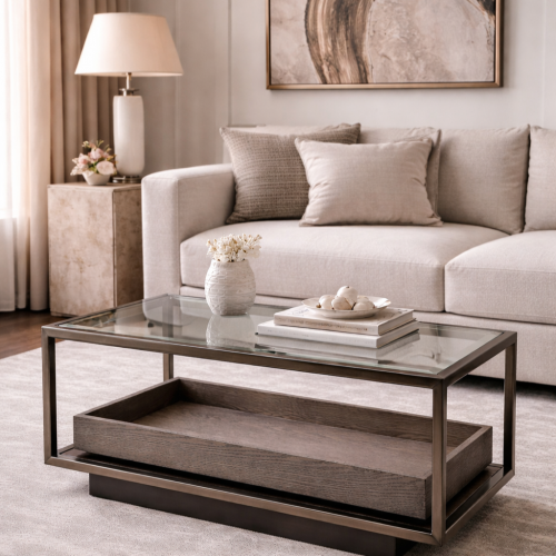 Luxury Rectangular Clear Glass Top Double Decker Wooden Base Side Table for Living Room by Luxury Group International