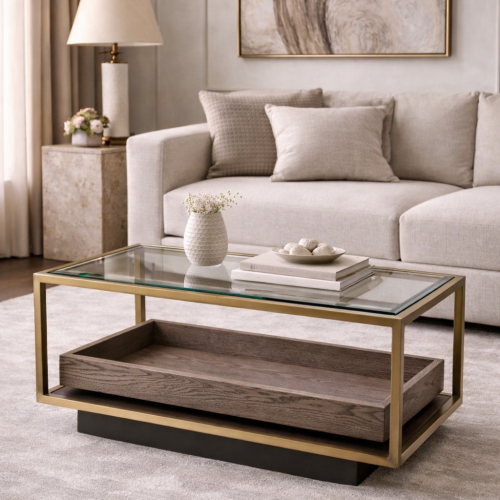 Luxury Rectangular Clear Glass Top Double Decker Wooden Base Side Table for Living Room by Luxury Group International