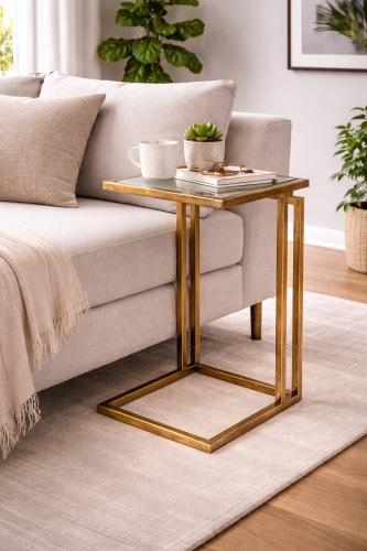Luxury Rectangular C-Shaped Glass top Side Table Brass/Gunmetal by Luxury Group International