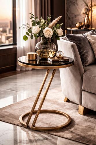 Luxury Round Glass Top Side Table Vintage Brass/Gunmetal Finish by Luxury Group International