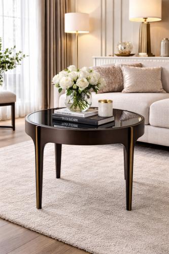 Luxury Round Brass/Bronze Finish Black/White beveled mirror Glass Side Table by Luxury Group International