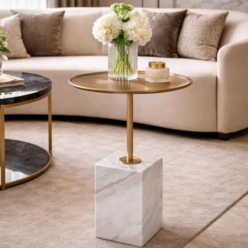 Luxus runder Beistelltisch mit Messingplatte und schwarzem/weißem Marmorsockel von Luxury Group International