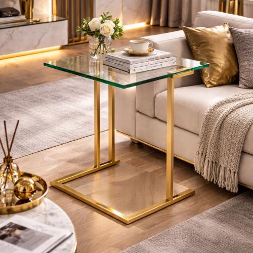 Luxury Square Rimless Clear Glass Top Side Table with Brushed Brass/Bronze Finish by Luxury Group International