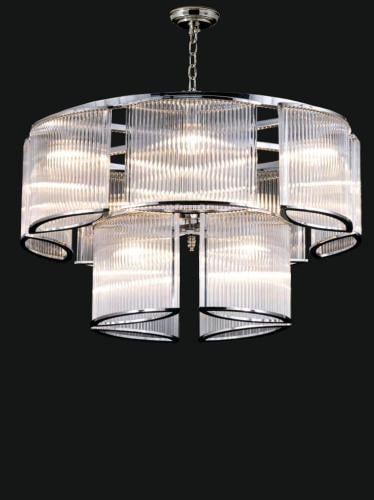 Luxury Modern Art Deco Multi-Tier Ribbed Glass Drum Chandelier with Chrome / Golden Frame by Luxury Group International
