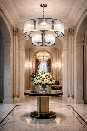 Luxury Modern Art Deco Multi-Tier Ribbed Glass Drum Chandelier with Chrome / Golden Frame by Luxury Group International