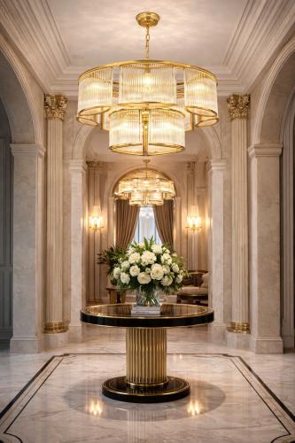Luxury Modern Art Deco Multi-Tier Ribbed Glass Drum Chandelier with Chrome / Golden Frame by Luxury Group International