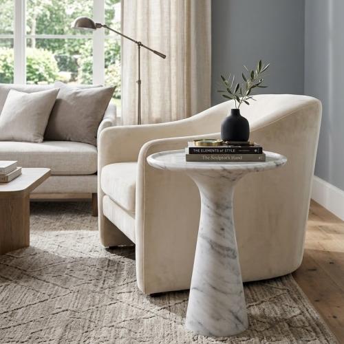 Luxury Black/White Round Top Solid Honed Italian Marble Pedestal Side Table by Luxury Group International
