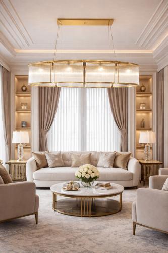 Luxury Modern Oval Art Deco Ribbed Glass Rod Chandelier with Gold/Chrome Finish by Luxury Group International