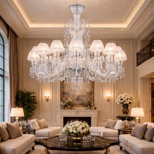 24 light glass shade luxury modern chandelier with crystal prisms by Luxury Group International
