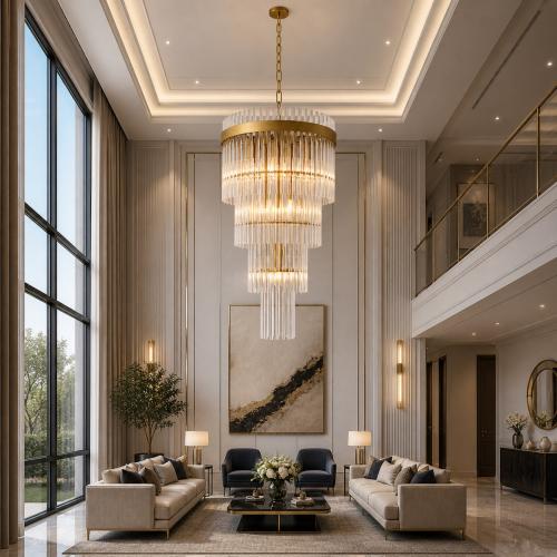 4 -tier crystal clear glass rod luxury gold Ceiling Light by Luxury Group International