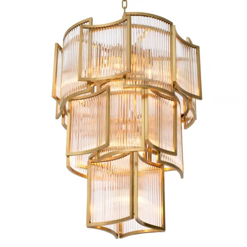 Golden Art Deco Luxury Crystal Chandelier in Antique Brass Finish with Clear Glass Rods by Luxury Group International