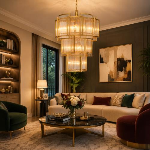 Golden Art Deco Luxury Crystal Chandelier in Antique Brass Finish with Clear Glass Rods by Luxury Group International