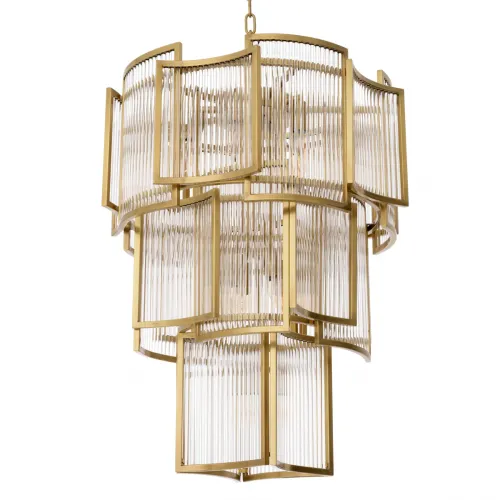Golden Art Deco Luxury Crystal Chandelier in Antique Brass Finish with Clear Glass Rods by Luxury Group International