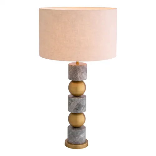 Lampada da tavolo di lusso con finitura in ottone antico, marmo grigio e design a globo dorato con paralume di Luxury Group International