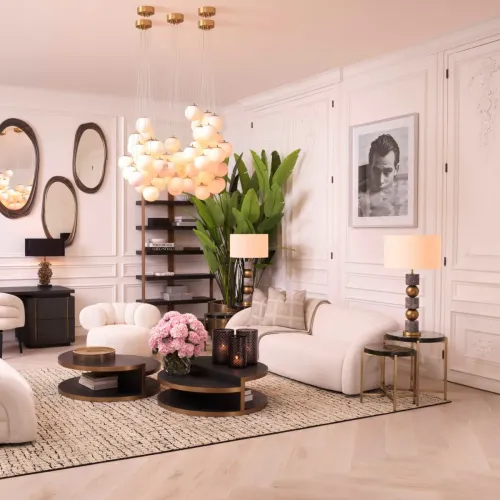 Lampada da tavolo di lusso con finitura in ottone antico, marmo grigio e design a globo dorato con paralume di Luxury Group International