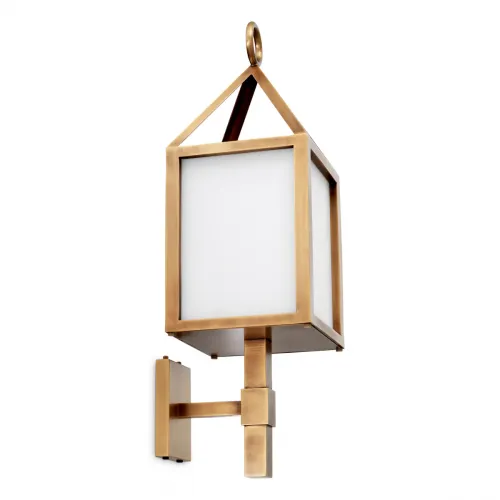 Applique murale extérieure rectangulaire en verre blanc en forme de boîte avec cadre doré de luxe finition laiton antique par Luxury Group International