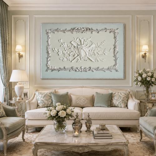 Antikes Silber- & Sanftes Salbeigrün Luxus Rokoko Wandkunst-Panel mit Elfenbein-Reliefdesign von Luxury Group International