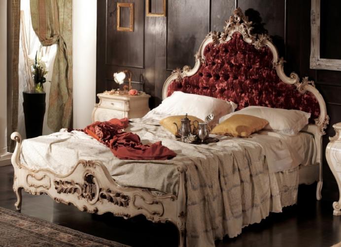 Antique White Baroque Ornate Luxury Double Bed with Burgundy Velvet Button-Tufted Headboard & Sculpted Frame Front View by Luxury Group International