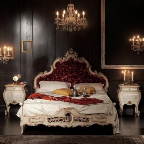 Antique White Baroque Ornate Luxury Double Bed with Burgundy Velvet Button-Tufted Headboard & Sculpted Frame Lifestyle View by Luxury Group International