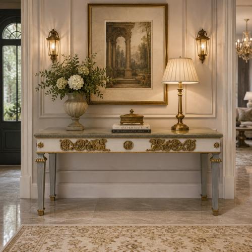 Console de Luxe Blanche Antique et Dorée avec Motifs en Relief Dorés par Luxury Group International