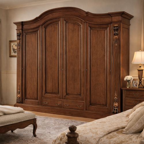 Armoire Étagère en Bois Baroque de Luxe à Couronne Cintrée avec Portes à Panneaux et Base à Tiroirs de Rangement Vue lifestyle par Luxury Group International