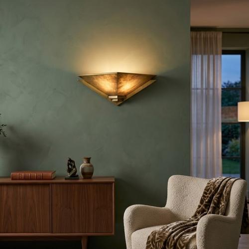 Art deco luxury wall lamp in gold vintage brass patina with triangular bowl by Luxury Group International