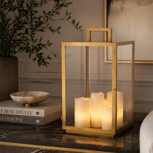 Art Deco Modern Inspired Glass box Golden Frame Luxury Table Lamp with Candle Lantern by Luxury Group International