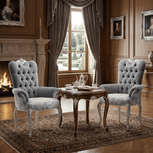 Poltrona da Pranzo di Lusso Barocca con Schienale a Corona Capitonné, Rivestimento Grigio e Struttura Metallica Argento Vista lifestyle di Luxury Group International